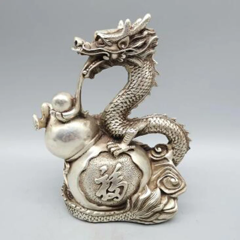 

China Fine Workmanship Tibetan Silver White Copper Sculpture Good Luck Wealth “Dragon ” Metal Crafts Home Decoration