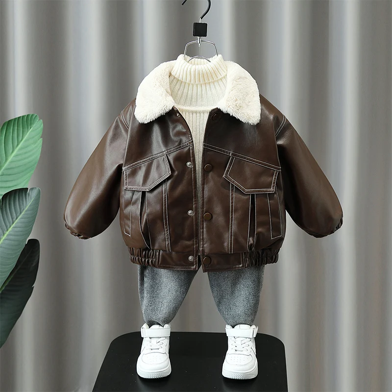 Fashion Boys Leather Jacket Winter Thicken Warm Turn Down Collar Outerwear Children Handsome Fleece Lining Loose Fur Coat