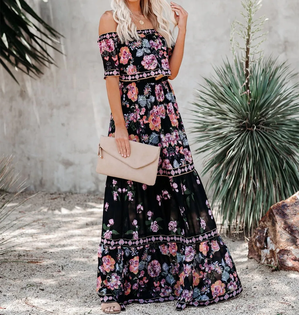 Flower Print Off Shoulder Long Dresses For Women Spring Summer New Fashion Temperament High Waist Leace-up Dress Female Vestidos 39 undefined