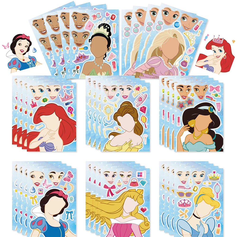 8/16Sheets Disney Make a Face Princess Puzzle Stickers Create Your Own Game Kids Assemble Jigsaw Children Educational Toys Gift