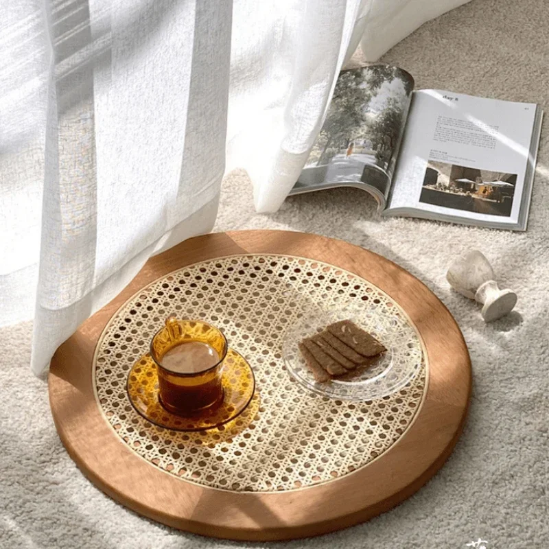 

Rattan Tray Solid Wood Dinner Plate round Organizer Plate Ornaments