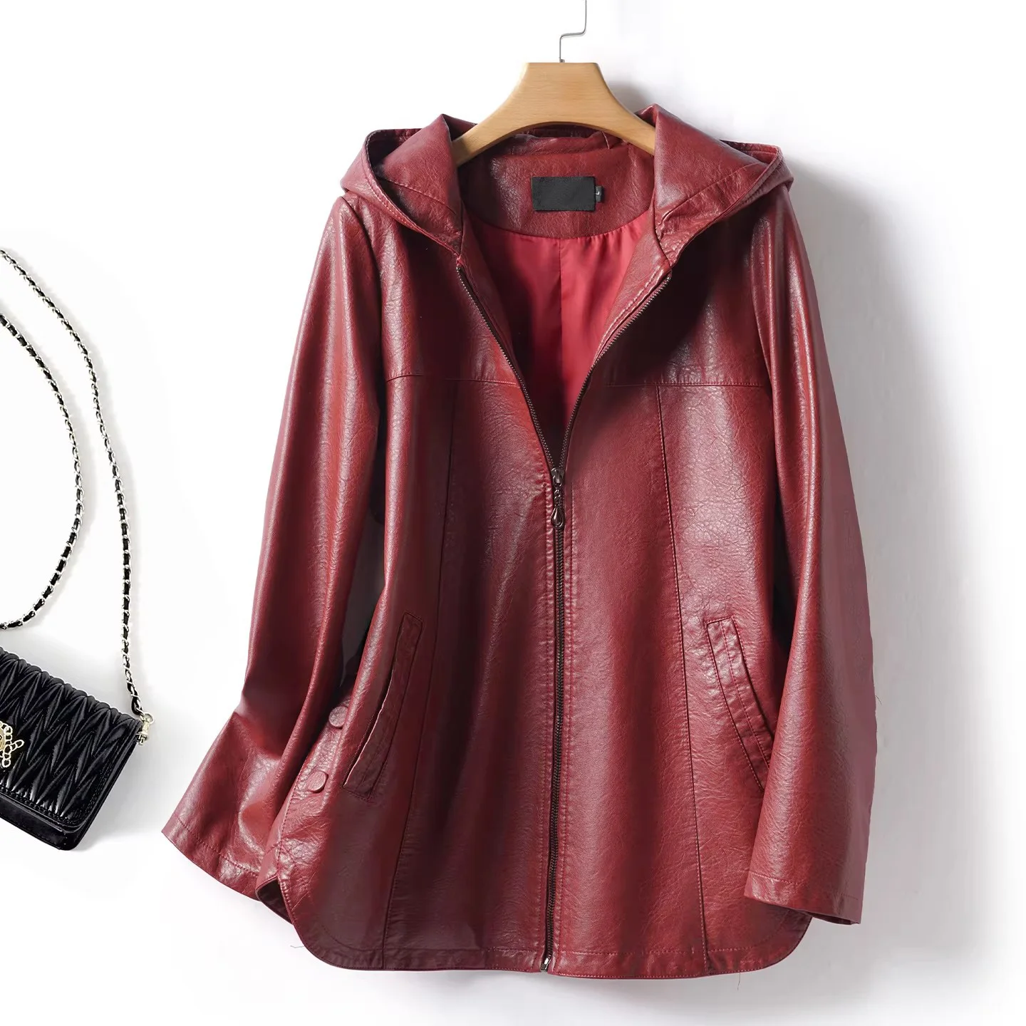 New Women Split Leather Hooded Jacket Spring Autumn Fashion Simplicity Long Sleeve Loose Leather Coat Casual Plus Size Jacket