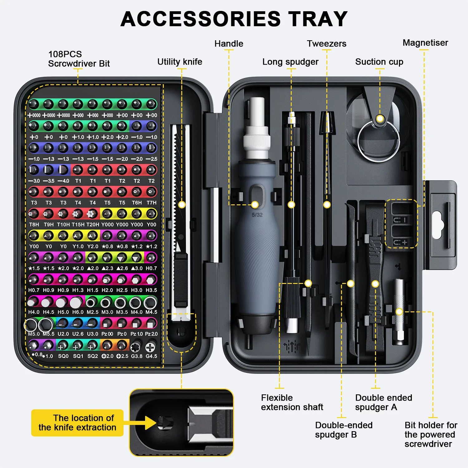 컬러 코드 식별 기능이 있는 미니 정밀 드라이버 세트, 132 in 1 마이크로 자기 수리 도구 키트(보관함 포함), 108 B