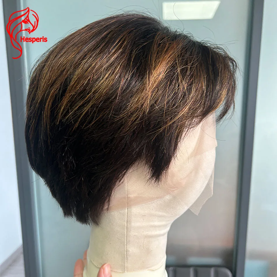 헤스페리스 블론드 하이라이트 풀 레이스 가발 (남성용) 짧은 픽시컷 투명 레이스 프론트 레미 인모 가발 남성 헤어 교체용
