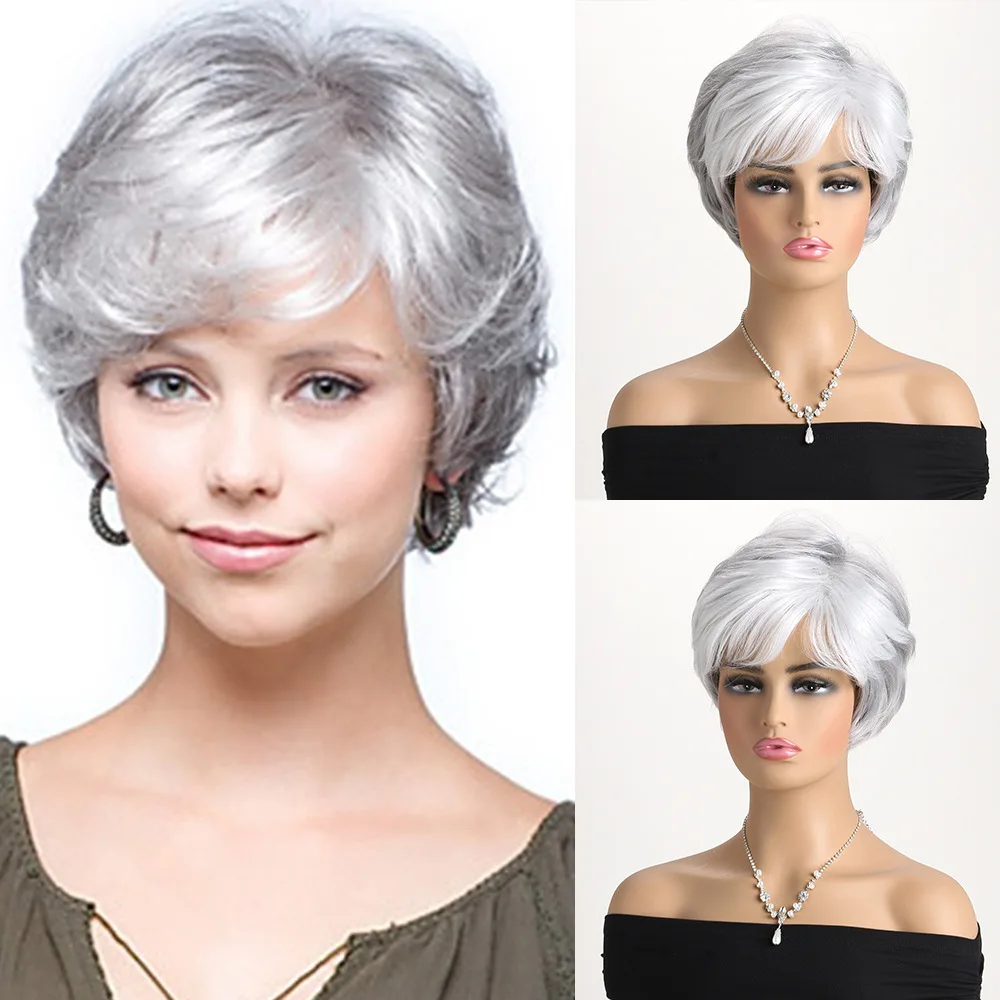 Synthetic Wig With Bangs Short Wigs Natural Silver Gray Hair Women Hair Breathable Rose Mesh Daily Party Cosplay Costume Use