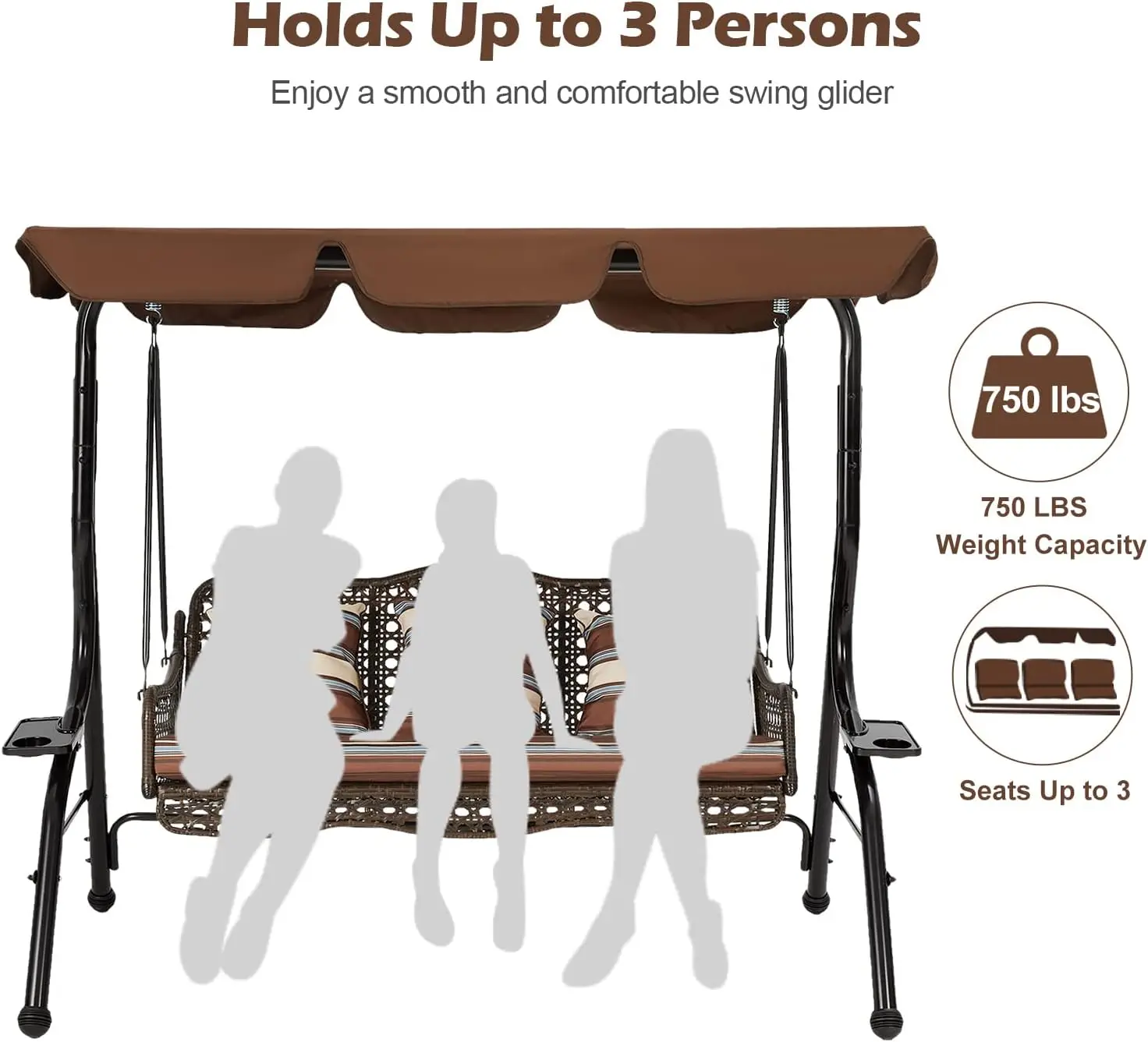 AECOJOY 3-Seat Proch Swing Chair Patio Canopy 2 Side Trays 3 Pillows Removable Cushion Wicker Stand Outdoor Balcony Deck Garden 5