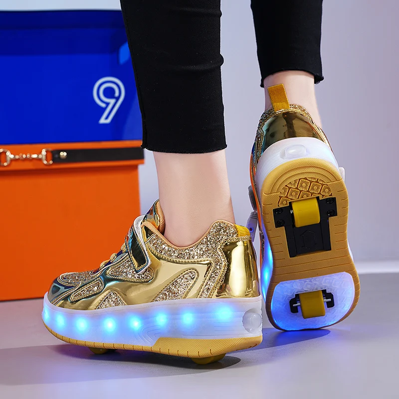 Baskets à Talons Brillants à Deux Roues pour Enfant, Chaussures de Skate à Roulettes à Lumière LED Rose, pour Garçon et Fille, avec Chargeur USB