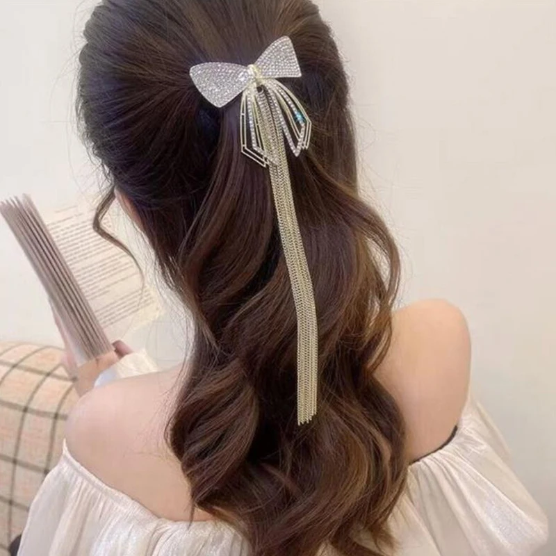 여성용 럭셔리 샤이니 나비매듭 라인스톤 헤어핀, 우아한 긴 술 체인 헤어 클립, 파티 웨딩 스타일리시 헤드웨어