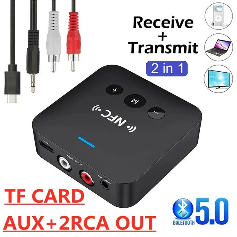 

Gtwoilt New Bluetooth 5.0 Receiver Wireless 3.5mm AUX NFC to 2RCA Audio Stereo Adapter Bluetooth Audio Transmitter Receiver