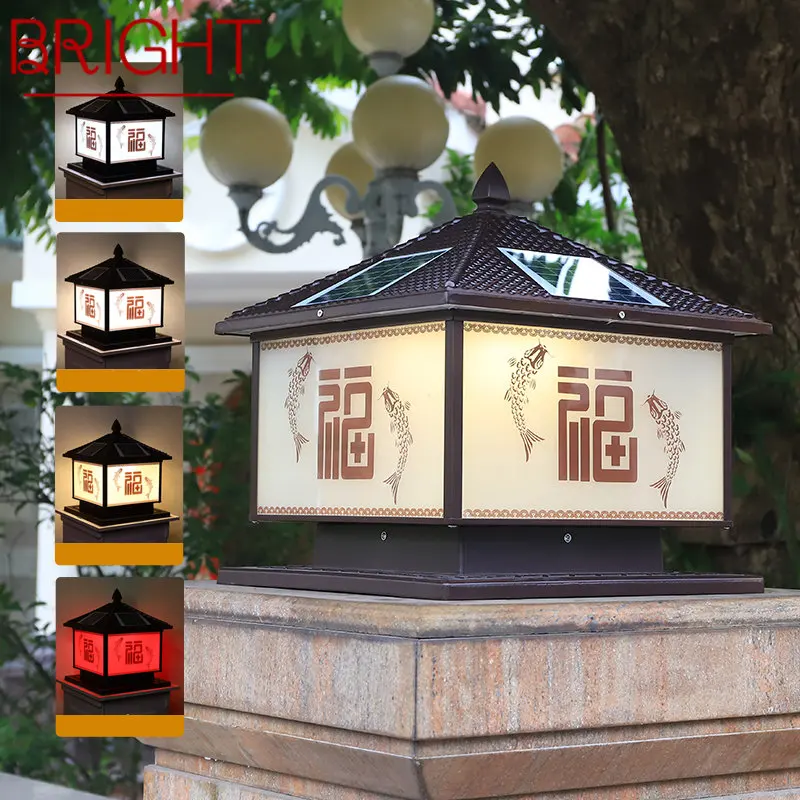 BRIGHT Solar Post Lamp LED Outdoor Chinese Pillar Lights Waterproof IP65 With Remote Control for Home Villa Courtyard