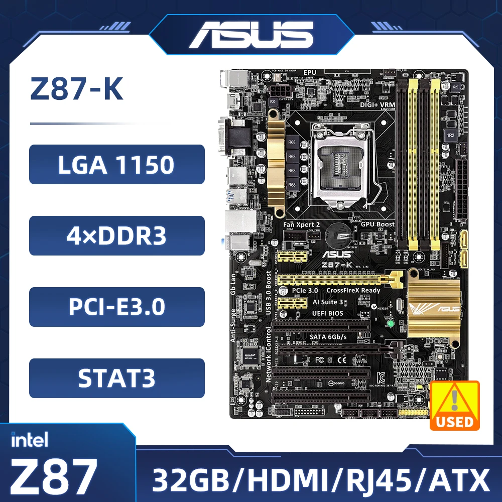 

1150 Motherboard Asus Z87-K Motherboard Intel Z87 4×DDR3 32GB PCI-E 3.0 6×SATA III USB3.0 HDMI ATX support Core i3-4150 i7-4770