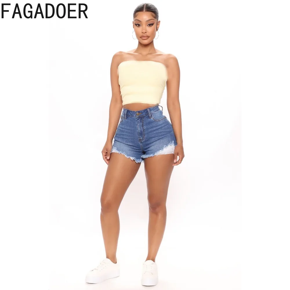 FAGADOER Summer Denim Hole Skinny Shorts Women High Waisted Button Slim Bottoms Fashion Female Cowboy Matching Shorts 2024 New