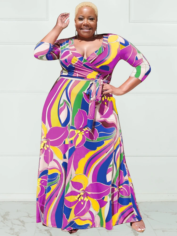 

ZJFZML ZZ Plus Size Fit and Flare Bohemian Dresses Women's Attirewear Deep V Neck Three Quarter Sleeve Holiday Vacation Dress