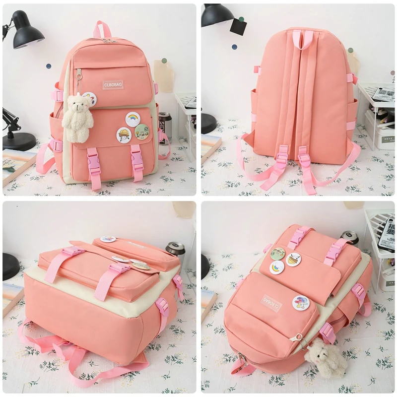 4 Pcs Set Kawaii Backpack For Student School Bags For Teenager Girls Schoolbag Book Bags Pencil Case Women Travel Backpack Tote
