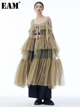 [EAM] Women Black Mesh Perspective Big Size Strap Dress New Square Collar Sleeveless Fashion Tide Spring Summer 2026 1DJ1242 1