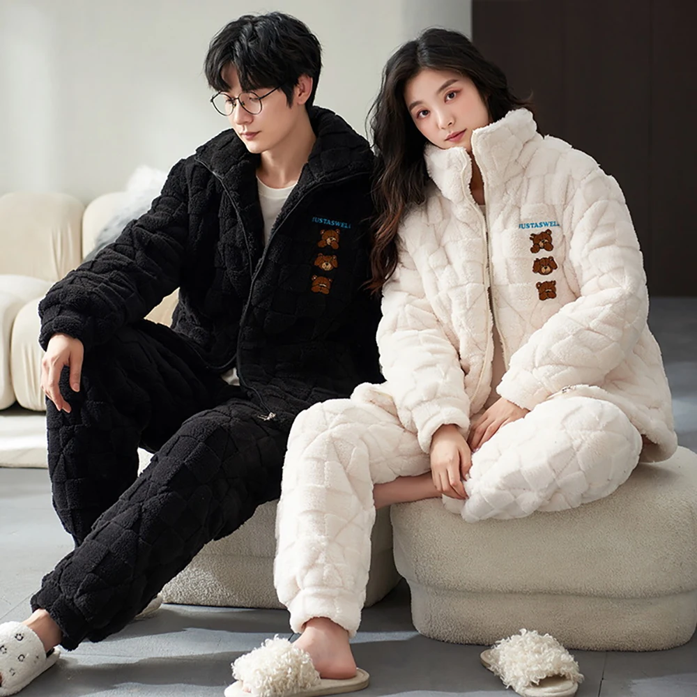 Windproof 3-layer Super Thicken Warm Pajamas for Couples Zipper Hooded Men's Winter Pajama Sets Comfortable Soft Pyjama Homme
