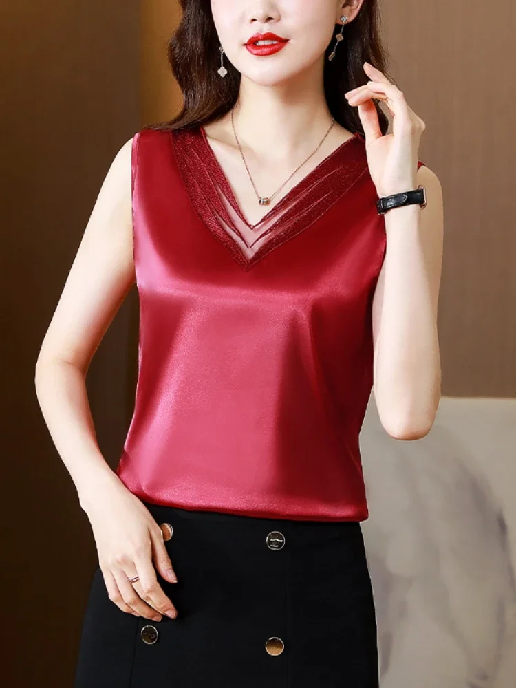 

Satin Tank Top Women Summer Women Clothing White Crop Basic Lace Cami Office Lady V-neck Sexy Blouse Soild Womens Tops A27