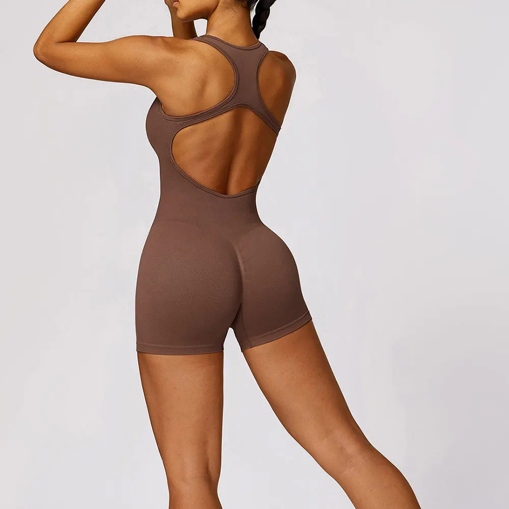 Seamless Yoga Romper Sexy Hollow Backless Scrunch Butt Sport Jumpsuit Short Woman One Piece Gym Outfit Zipper Fitness Overalls