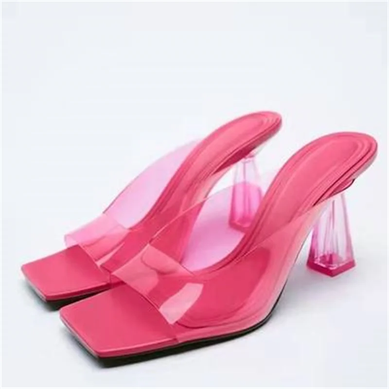 2022 TRAF Crystal Transparent Sandals Women Pink PVC Square Toe Elegant Heels Slipper Fashion Slingbacks Pumps Female Summer New