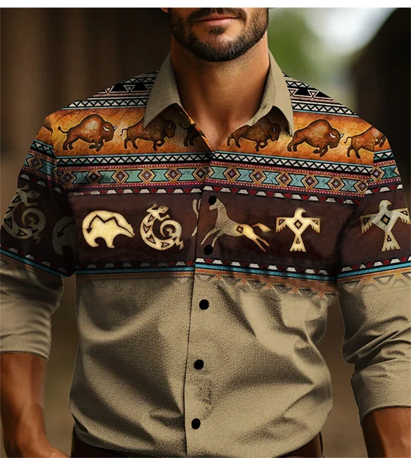 

Western Style New Men's Long Sleeve Blouse Men Slim Shirt Social Wear Ethnic Retro Tribal Clothing Male Camisas Casuais Dress