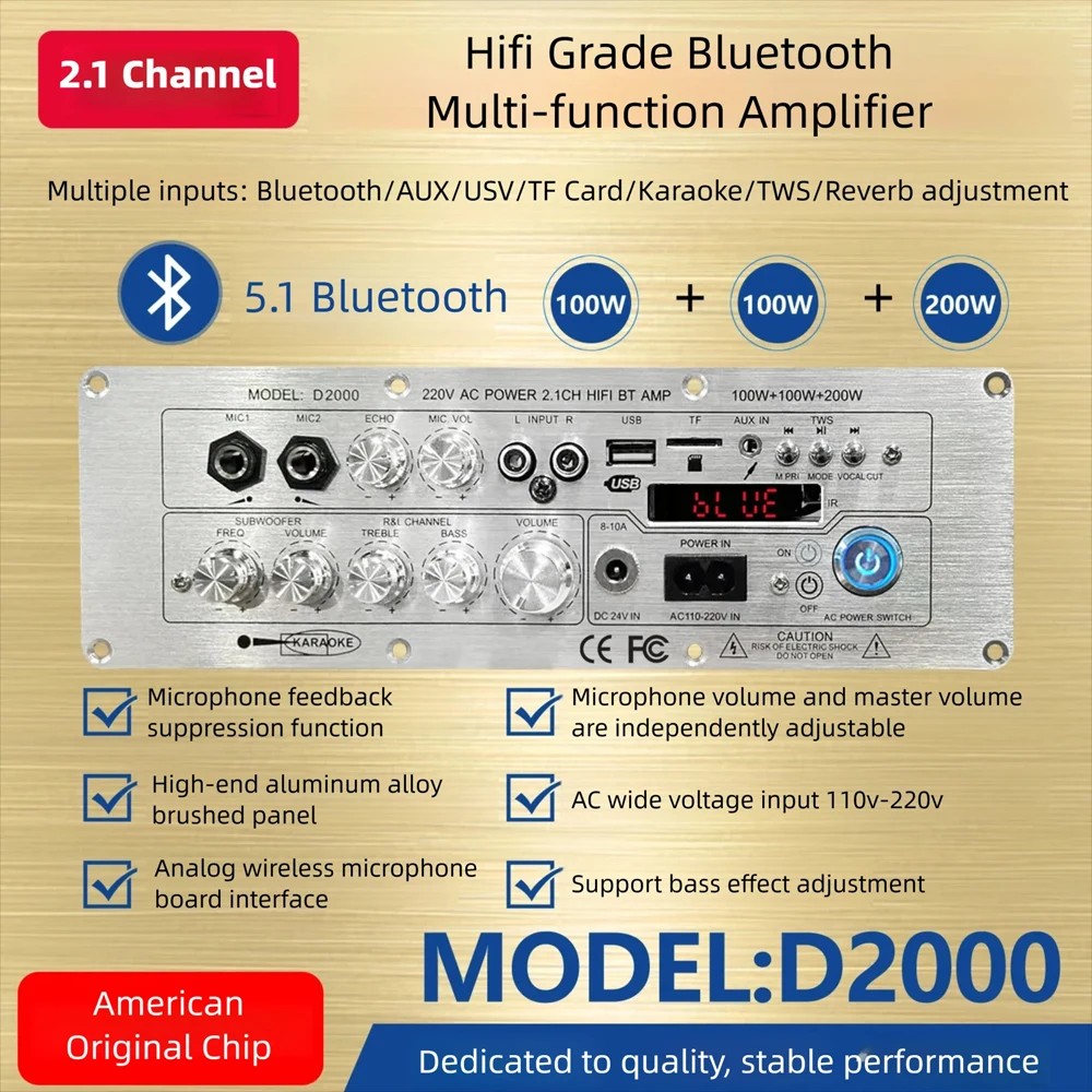 Sound Amplifier Board D2000 100W+100W+200W BT5.1 AUX/USB/TF Card Channel2.1 HiFi