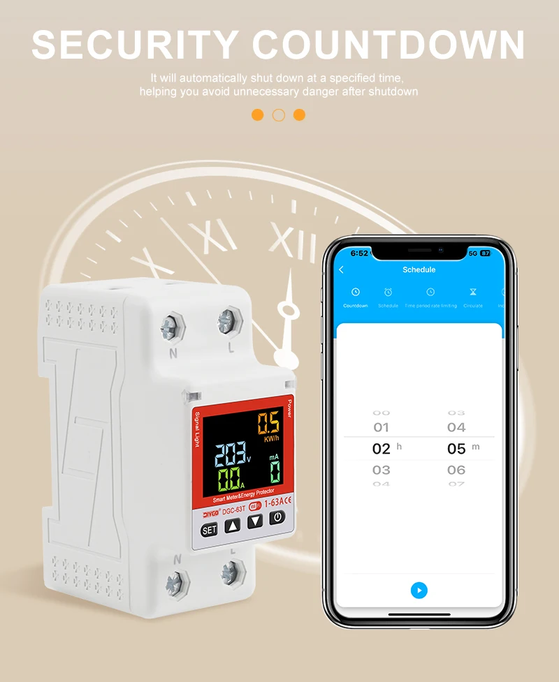 Smart WiFi Circuit Breaker DGC-63T 1-63A Timing Remote Energy Meter Überspannung/Leckage Schutz 35mm Schiene mit Alexa/Tuya – Detail 8