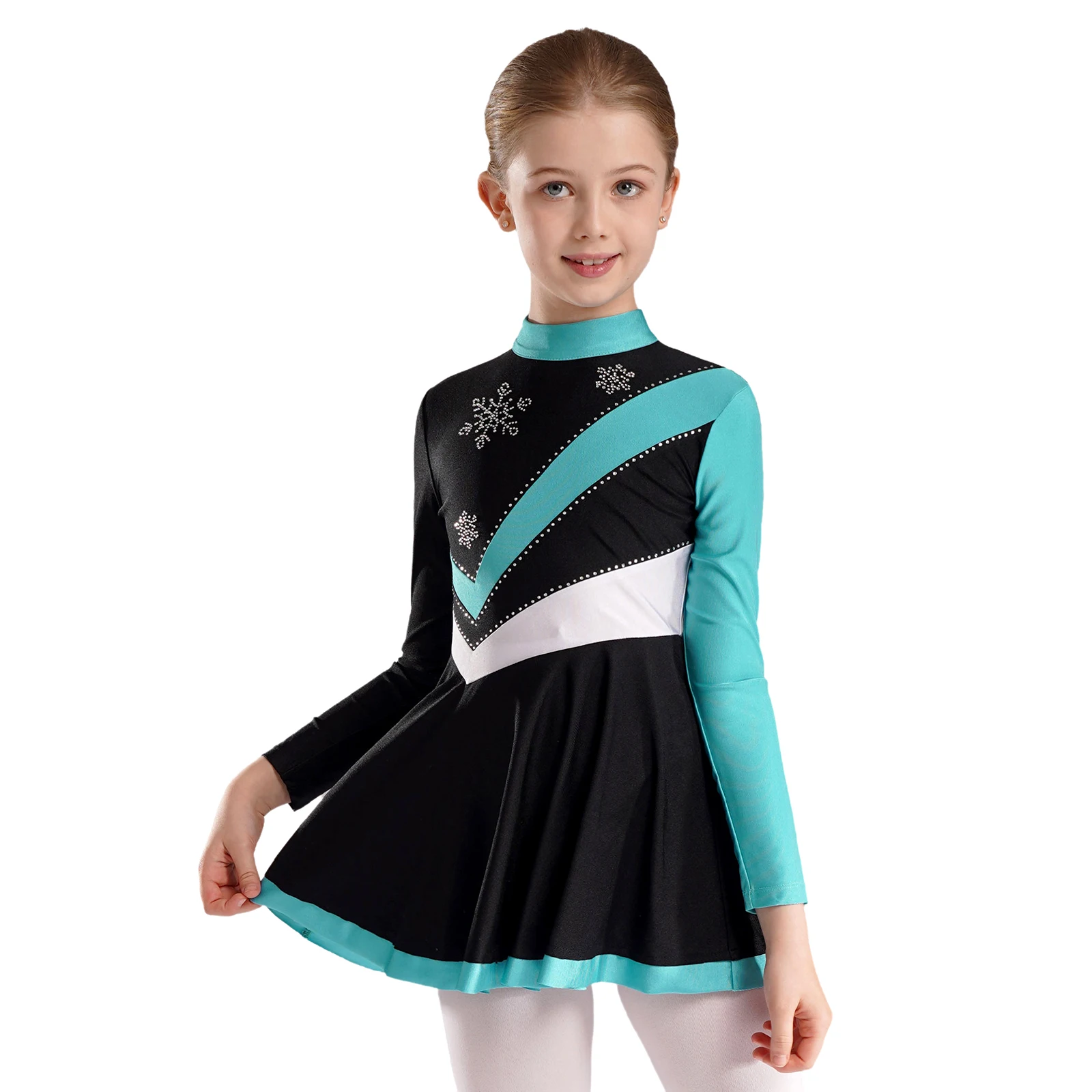 Kids Girls Figure Skating Contrast Color Long Sleeve Dance Dresses Sparkly Rhinestone Snowflakes Keyhole Back Dance Dresses