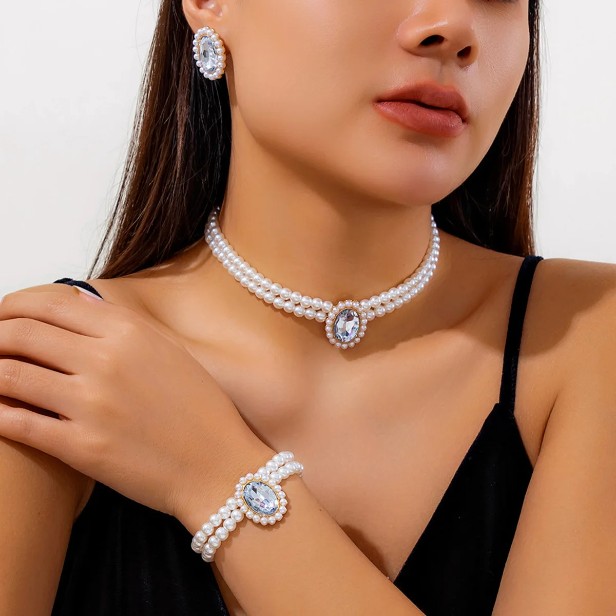 Bridal Crystal Pearl Necklace & Earrings Set - Statement Collar Jewelry For Wedding, Party - View #10