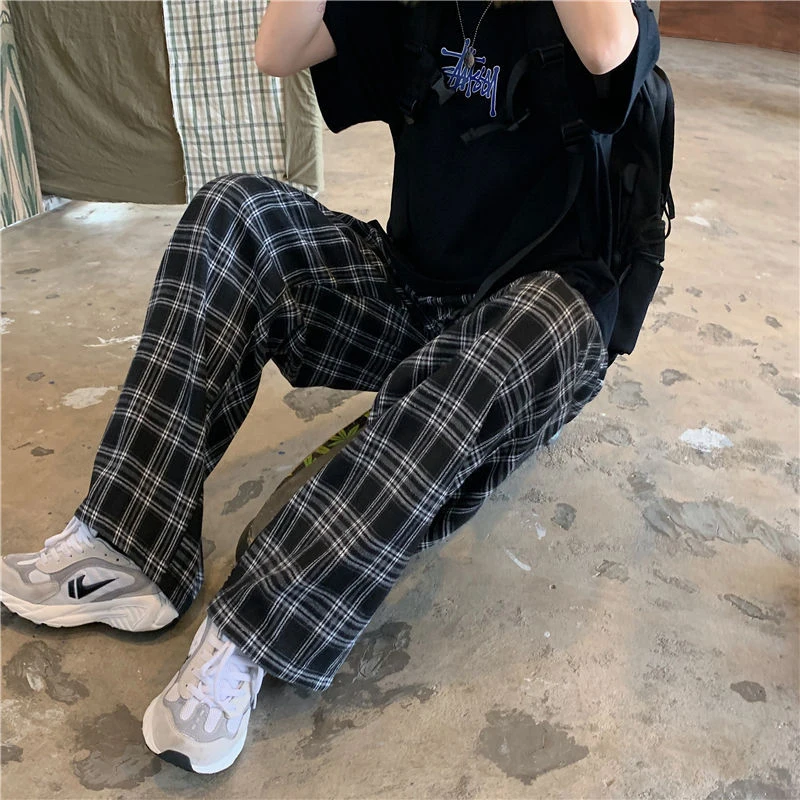 Zoki Autumn Women Plaid Pants Casual Oversize Loose Wide Leg Trouser Retro Teens Harajuku Black Hip Hop All Match Streetwear 3XL