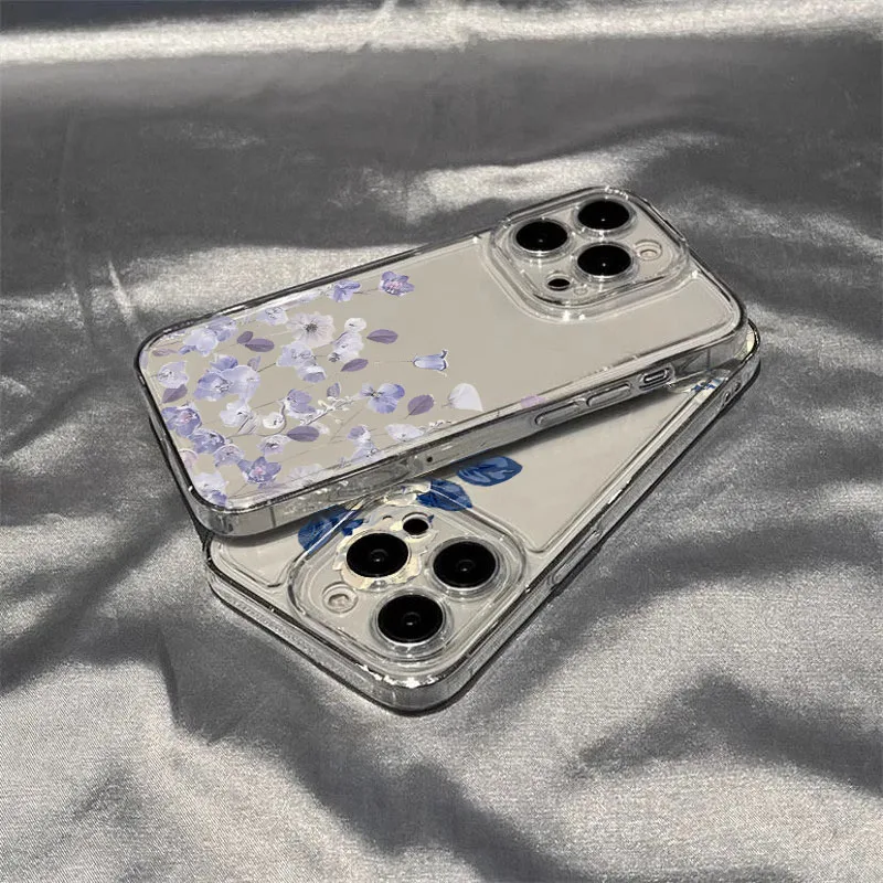 Blue Leaf White Flower Pattern Transparent Phone Case Cover