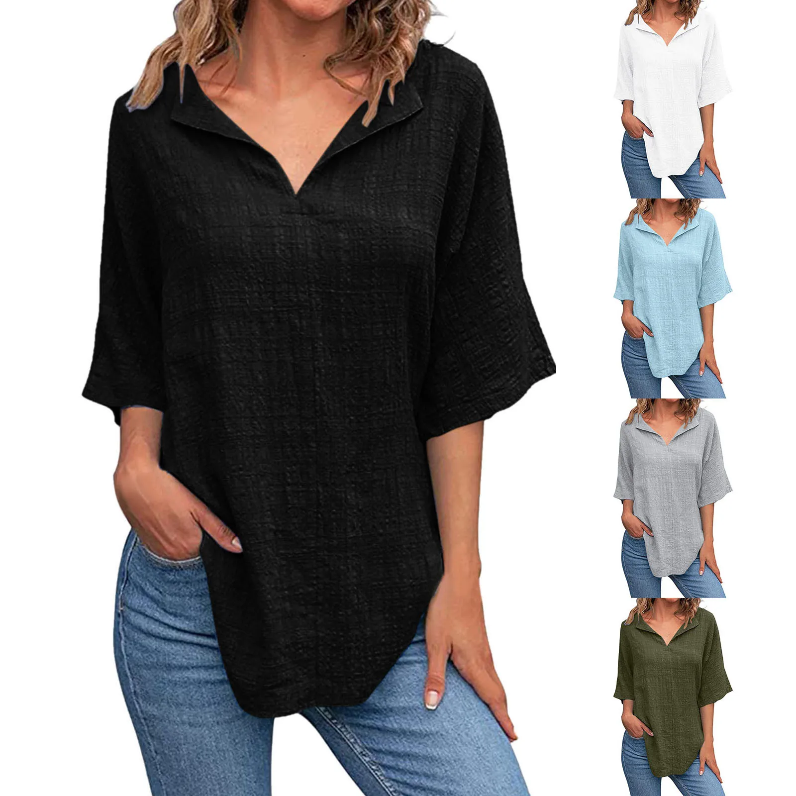 

Women's Fashionable Casual V-neck Solid Color Bamboo Knot Linen Short Sleeved T-shirt Blouse Summer Loose Fit Tunic Tops