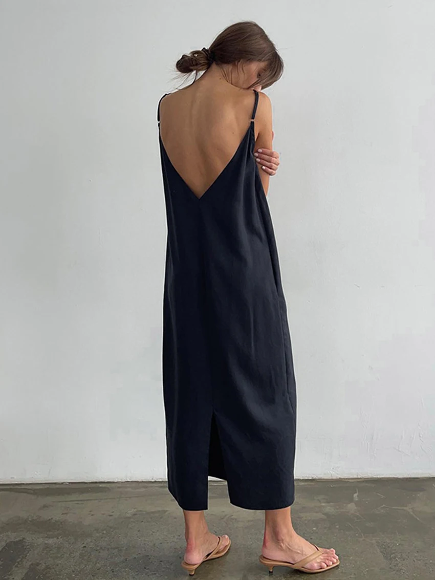 Marthaqiqi Casual Female Nightgowns Sexy Spaghetti Strap Sleepwear Backless Nightwear Ankle-Length Pajama Home Clothes For Women