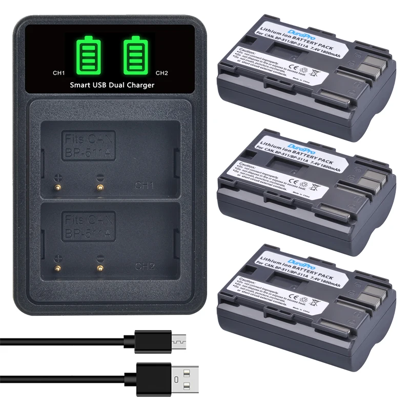 

1800 мАч BP-511 батарея BP 511 + USB зарядное устройство для Canon BP-512 BP-522 BP-535 BP-70A BP-85A EOS 50D 40D 30D D60 D30 5D