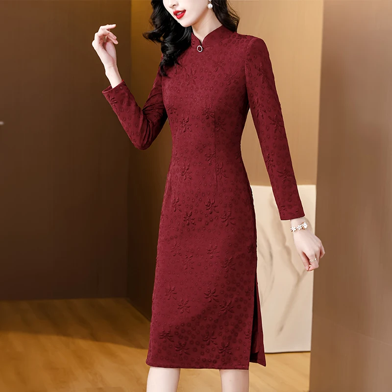 

Осеннее платье-Ципао, новинка 2023, женское платье в китайском ретро стиле с длинными рукавами для мам
