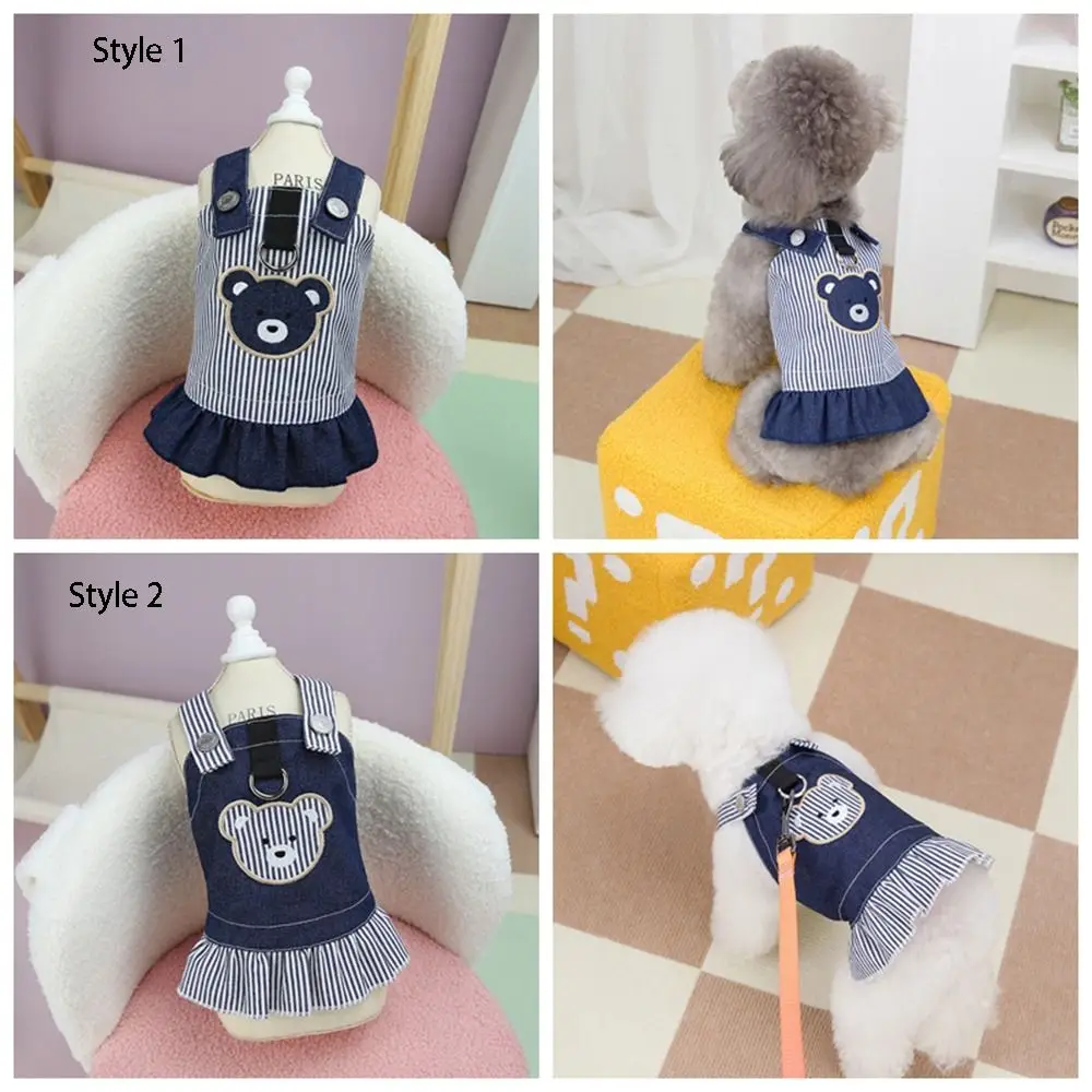 Cat Apparel Cute Pet Strap Denim Skirt Breathable Soft Pet Bear Stripe Dress Thin Design Pet Chest Strap Summer