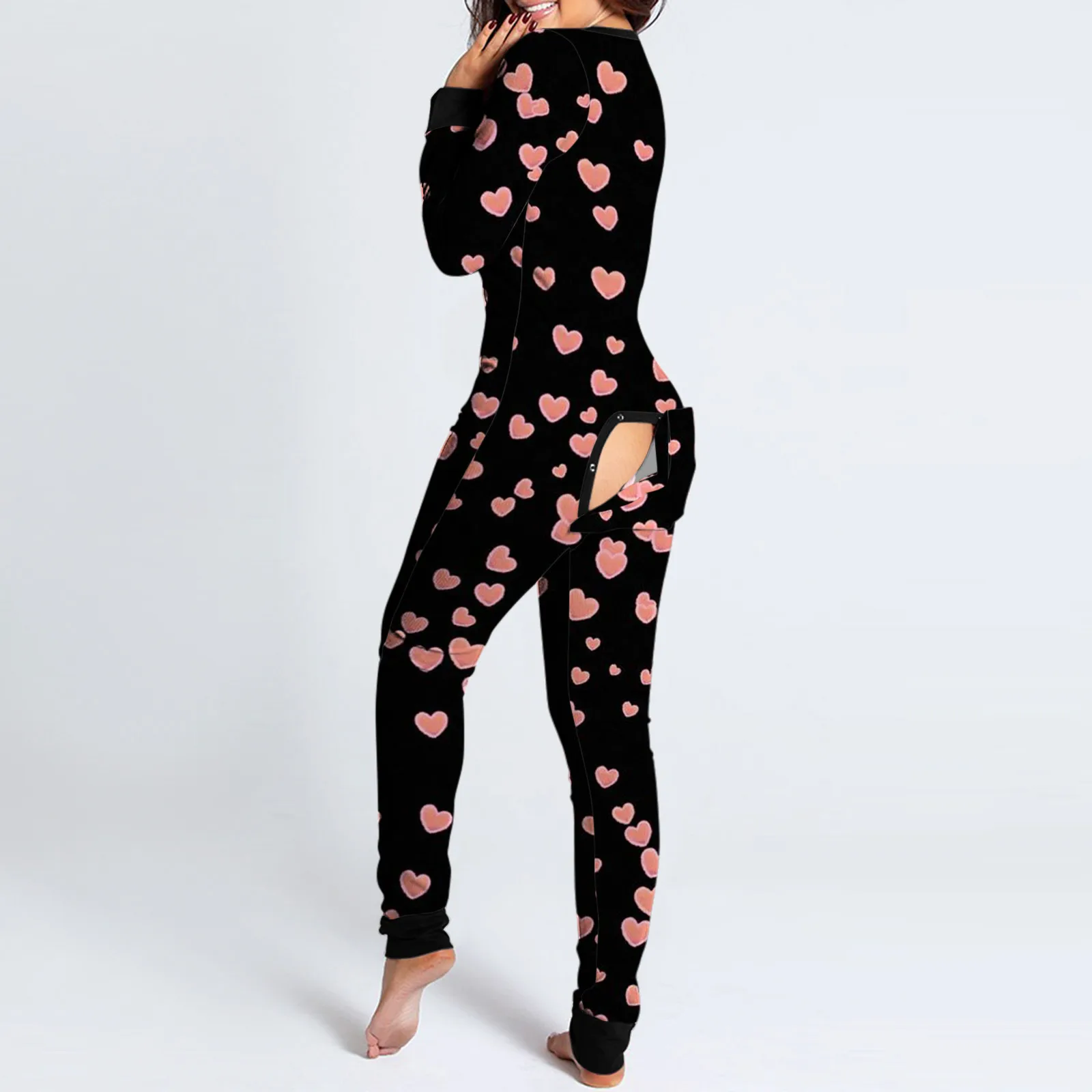 Women Romper Jumpsuit Long Sleeve Playsuit Bodysuit Onesies Button Down Sleepwear Heart Print Nightgowns