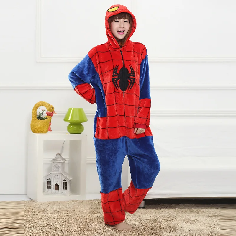 New Flannel Spiderman Pajamas Adult Spider Man Costume Clothes One-piece  Nightgown Women's Home Hooded Sleepwear Jumpsuit Pijama