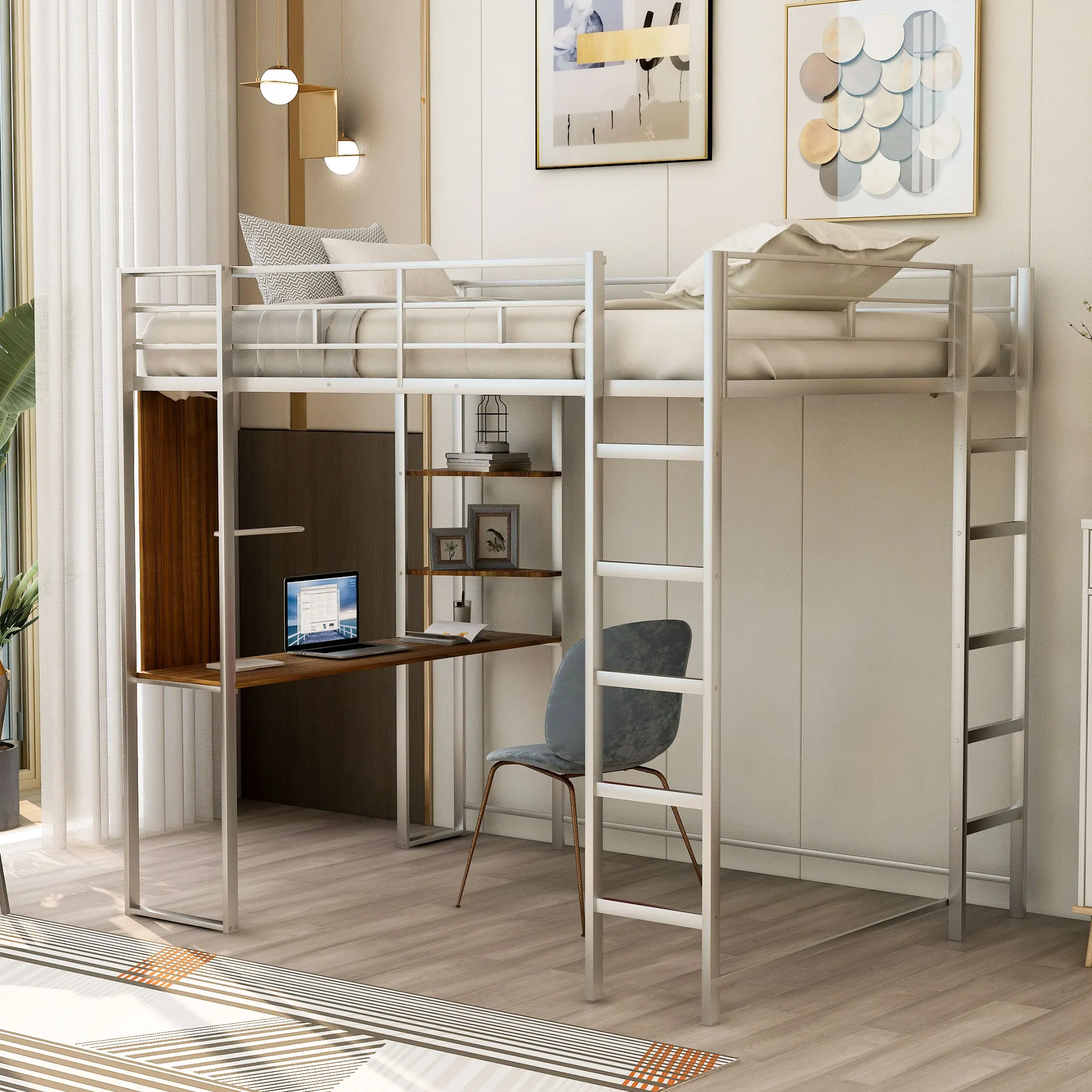 

Full Size Metal Loft Bed with 2 Shelves and one Desk ,Silver