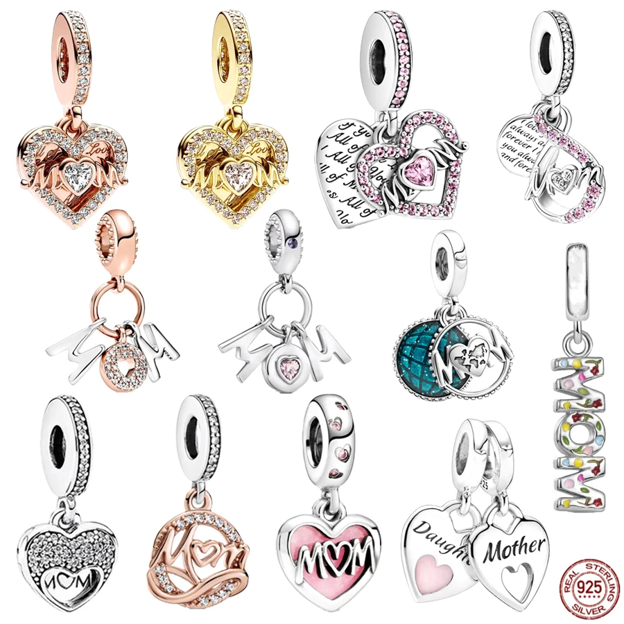 

Hot Sale Fine 925 Sterling Silver Mom Double Heart Shape Pendant Dangle Charm Bead Fit Original Pandora Bracelet DIY JewelryGift