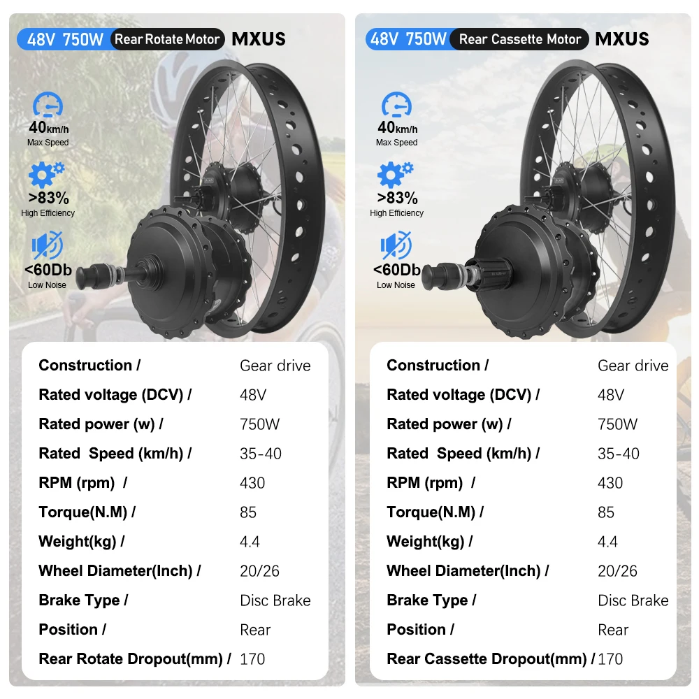 Kit de motorisation de vélo électrique, 48V, 750W, 20/26 pouces, 4.0 V, moteur dans le moyeu de la roue arrière, 170mm