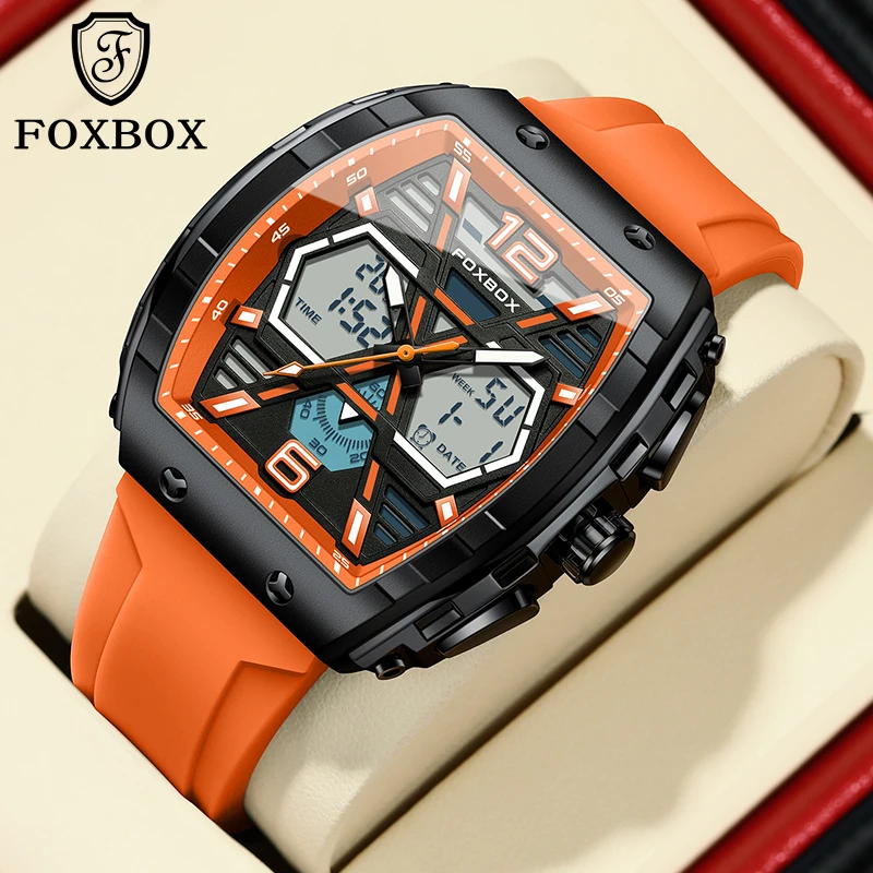 2023 FOXBOX Casual Sport Men's Watch Digital Alarm Man Clock  Silicone Waterproof Luminous Dual Display Men Quartz Wristwatches