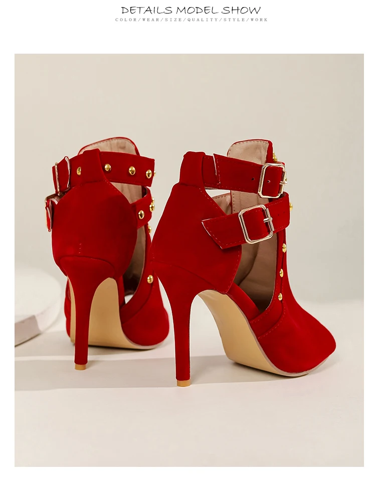 Stiefeletten, Sandalen mit ausgehöhltem Design, Nieten-Metallschnalle, High Heels, Peep-Toe, Turmschnalle, Stiletto-Absätze, ultrahohe Absätze, Rot, Schwarz, Blau, mattes Samtobermaterial, luxuriös, elegant, Frühling/Sommer neuer Stil – Detail 16