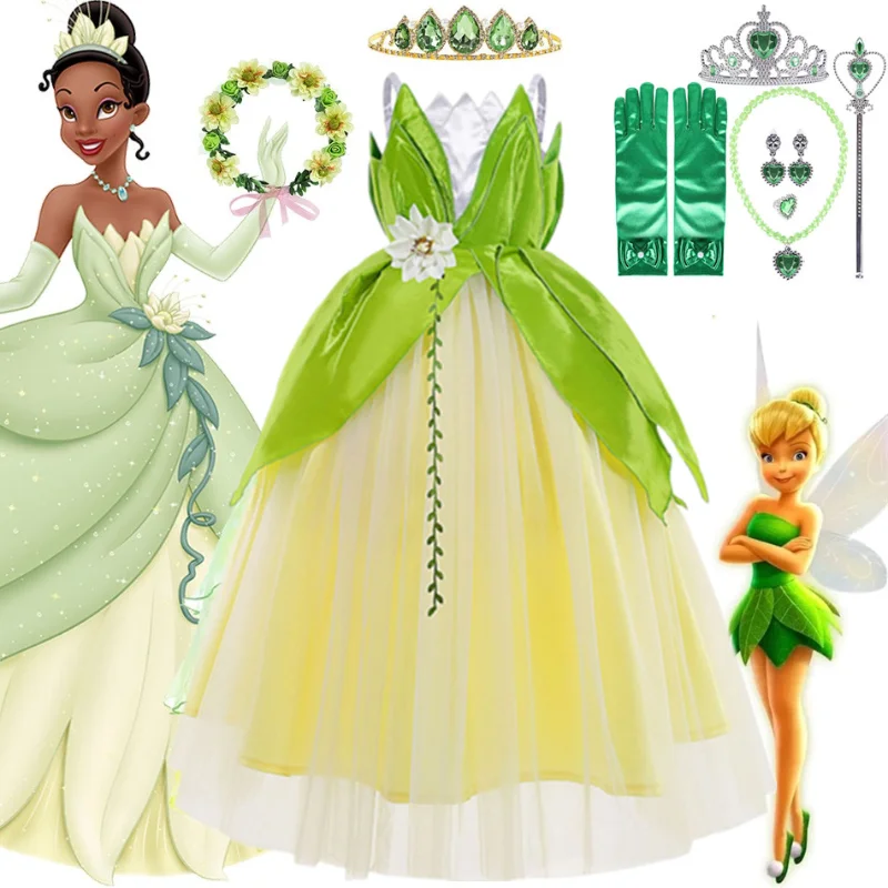 Carnival Girls Tiana Dress Up Dress Princess And The Frog Child Halloween Cosplay Costume Party Toddler Forest Green Elf Dresses
