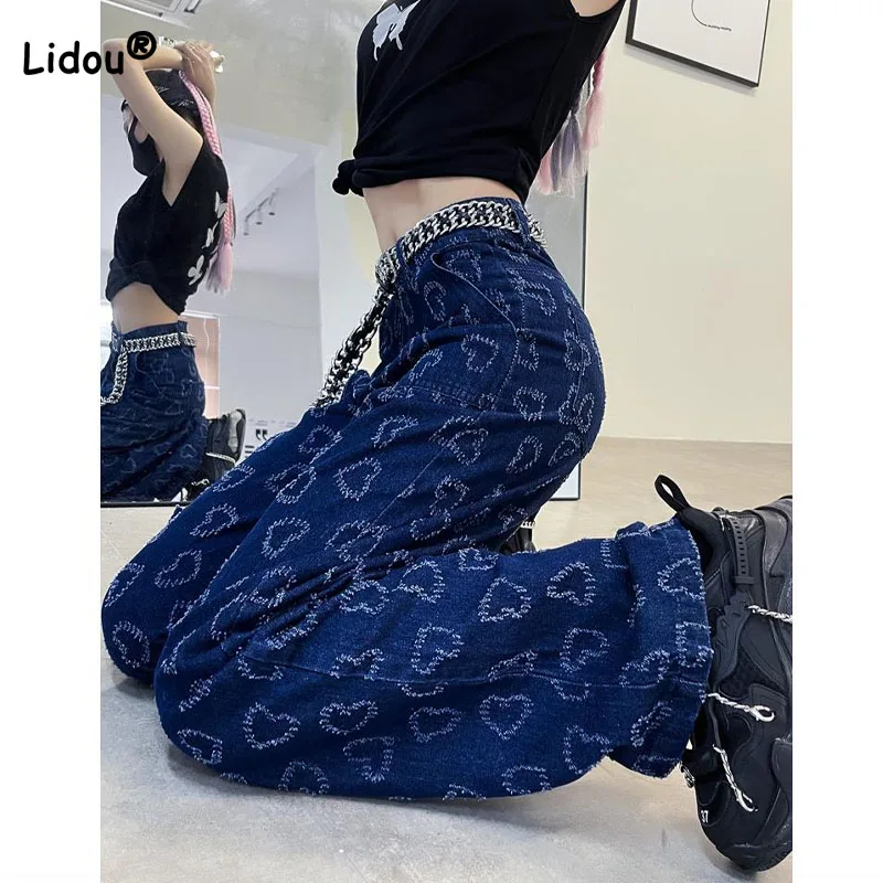Women's High Waist Vintage Printed Denim Pants Fashion Spring Summer High Street Belt Loose Straight Wide Leg Trousers Female