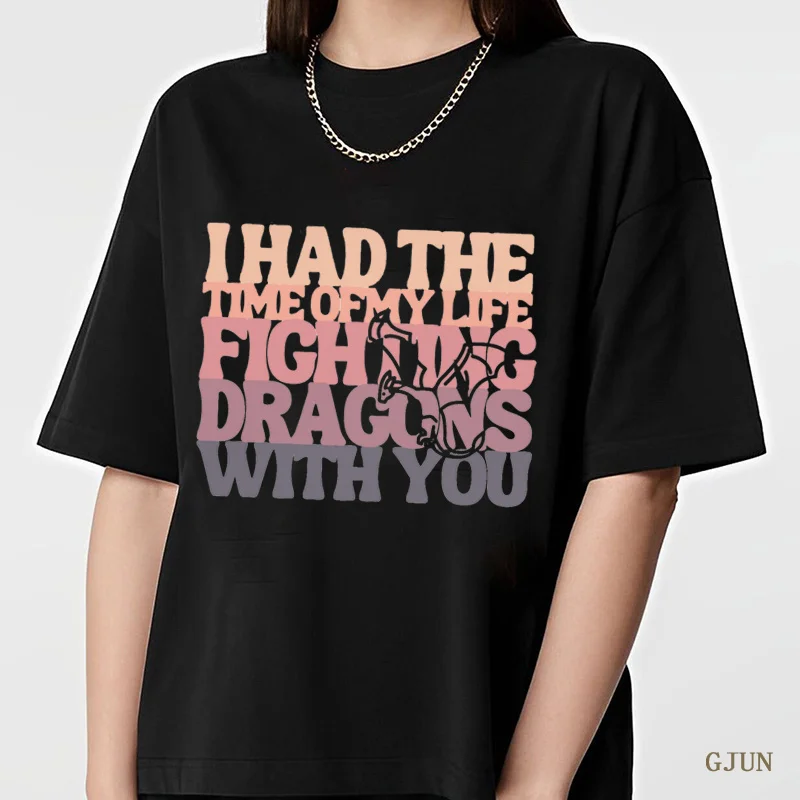 

Fighting Dragons with You Letter T-Shirt Fashion Womens Tshirt Summer Short Sleeve Loose Black Tshirts Casual Vintage Women Tops