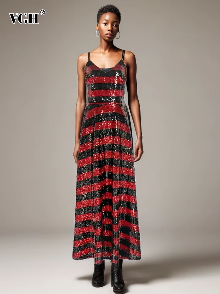 

VGH Hit Color Striped Patchwork Sequins Sexy Dresses For Women V Neck Sleeveless High Waist Backless Camisole Dress Female New