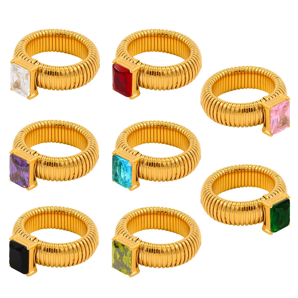 Punk Exaggerate Multicolour Crystal Rings for Women 18K Gold Plated Waterproof Twist Square Thick Ring Hiphop Vintage Jewelry