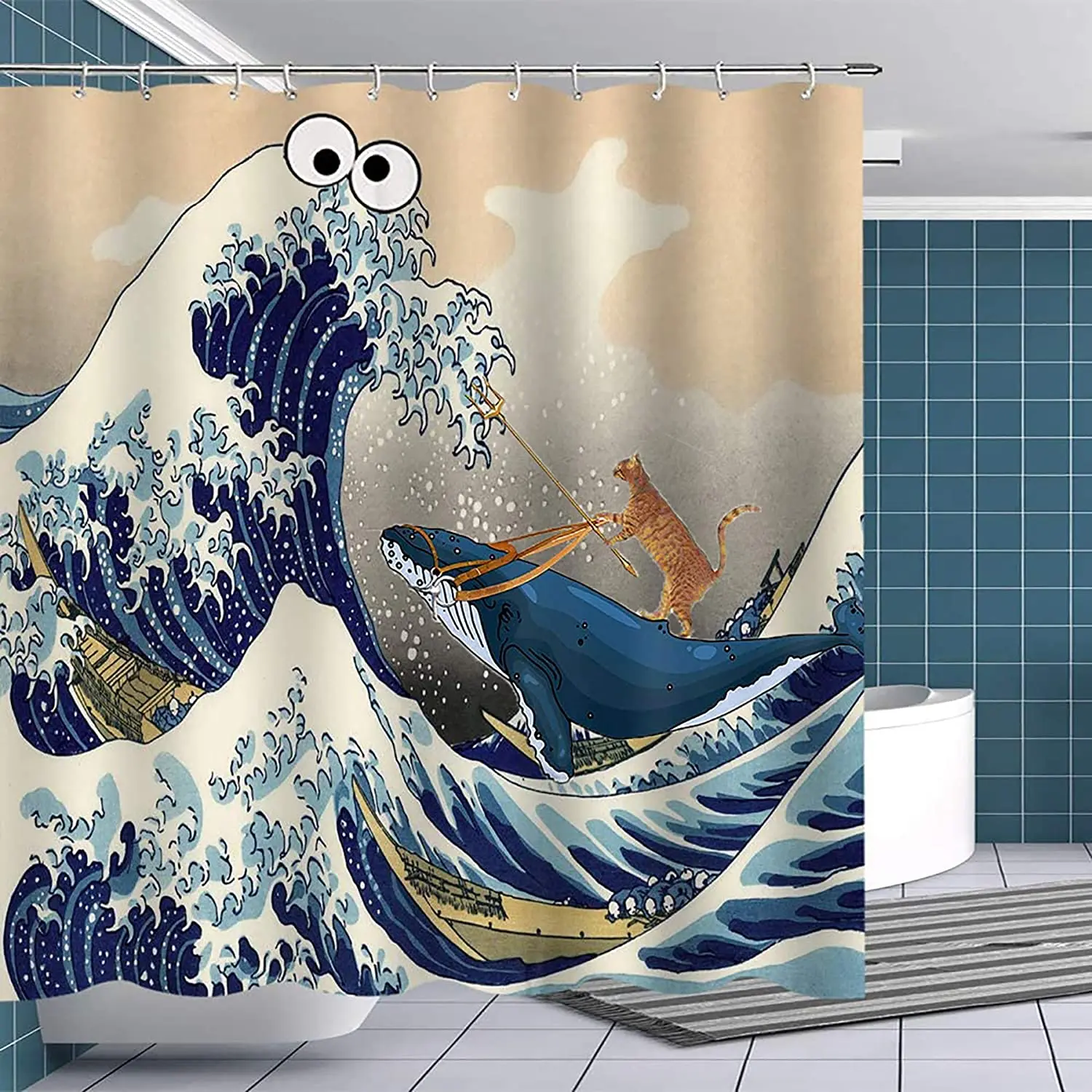 

Funny Animals Shower Curtain Cat Rides A Whale To Fight Pattern Waterproof Multi-size Bathroom Decor with Hooks Bathroom Curtain