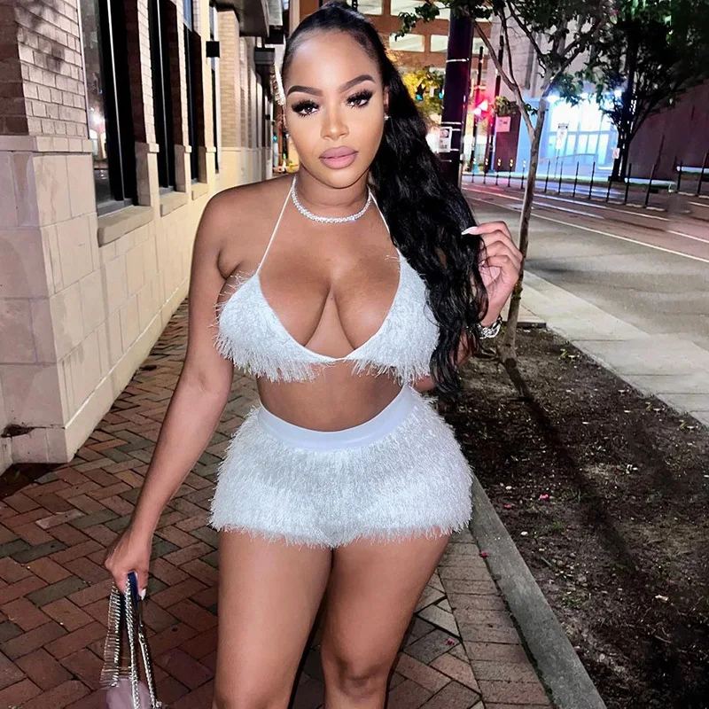 Fur Bikini Tops Shorts Two Piece Sets Women Sexy Luxury Nightclub Party Outfit Fashion Clothes Crop Top 2 Pieces Matching Set