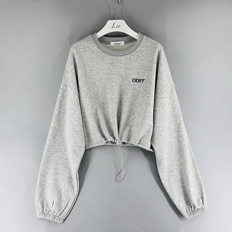 2024 Fall Lapel Embroidered Pullover Sweatshirt Cropped Top Crop Sweatshirt Letter Embroidery Elastic Waistband Harajuku Style